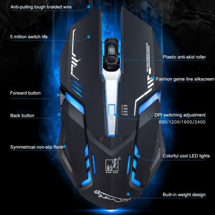 Souris de jeu optique filaire Chasing Leopard V17 USB 2400 DPI réglable à quatre vitesses avec motif de ligne et lumière respiratoire LED, longueur : 1,45 m, V17, V17 Jet Black
