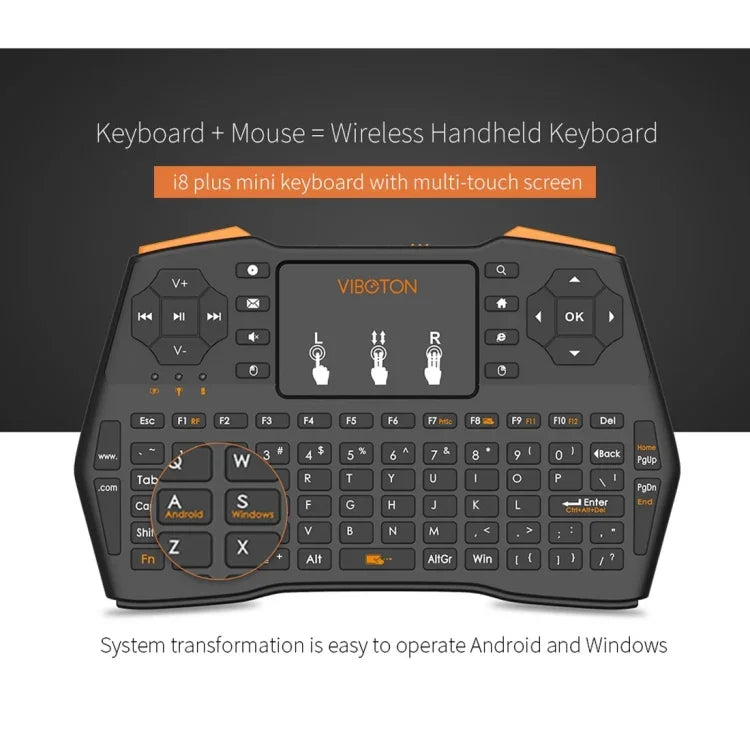 Clavier sans fil mini VIBOTON i8 Plus 2,4 GHz QWERT avec pavé tactile pour boîtier TV, Mi Box, ordinateur, tablette, ordinateur portable et projecteur (noir), clavier sans fil