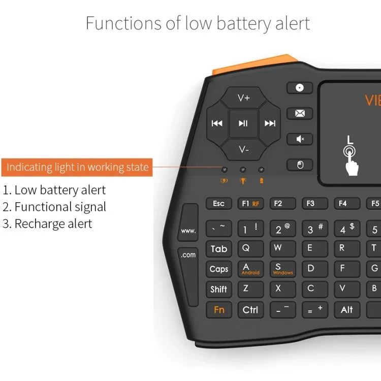 Clavier sans fil mini VIBOTON i8 Plus 2,4 GHz QWERT avec pavé tactile pour boîtier TV, Mi Box, ordinateur, tablette, ordinateur portable et projecteur (noir), clavier sans fil