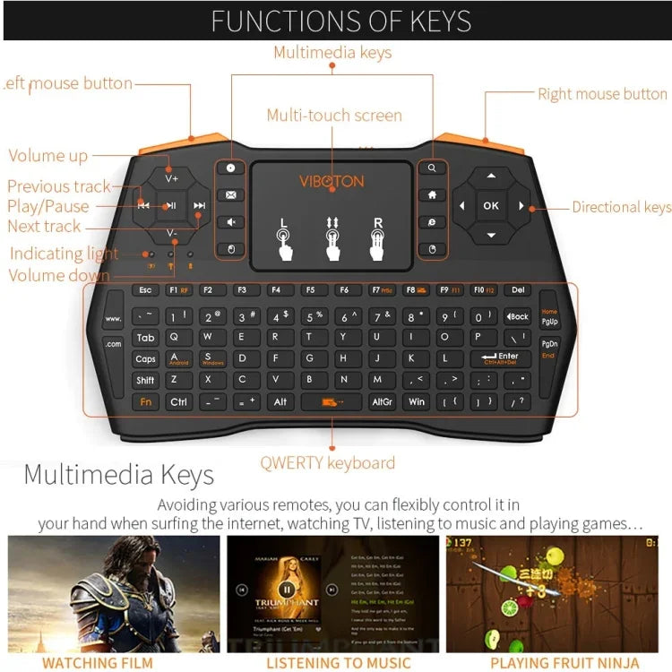 Clavier sans fil mini VIBOTON i8 Plus 2,4 GHz QWERT avec pavé tactile pour boîtier TV, Mi Box, ordinateur, tablette, ordinateur portable et projecteur (noir), clavier sans fil