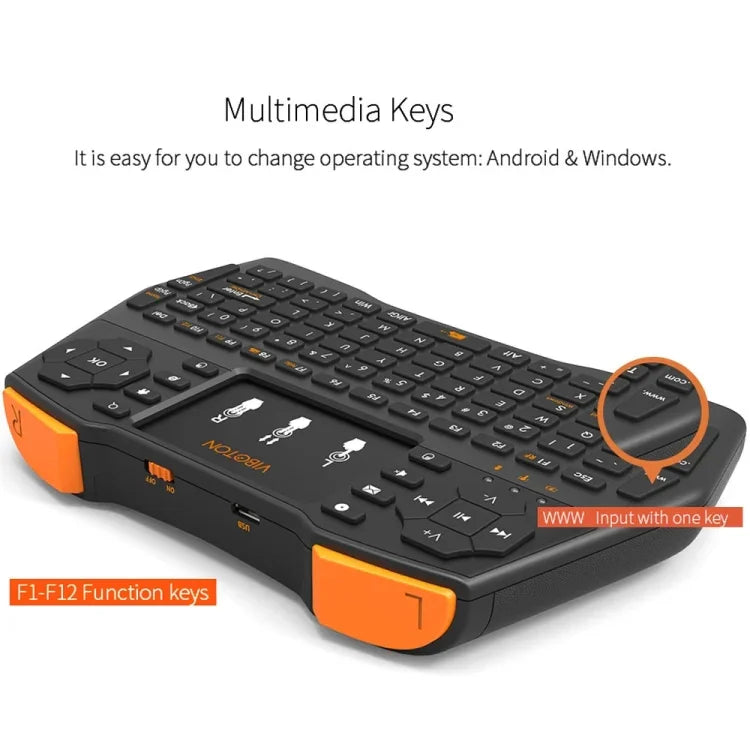 Clavier sans fil mini VIBOTON i8 Plus 2,4 GHz QWERT avec pavé tactile pour boîtier TV, Mi Box, ordinateur, tablette, ordinateur portable et projecteur (noir), clavier sans fil