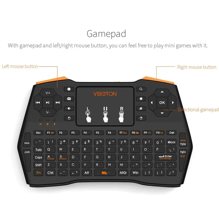 Clavier sans fil mini VIBOTON i8 Plus 2,4 GHz QWERT avec pavé tactile pour boîtier TV, Mi Box, ordinateur, tablette, ordinateur portable et projecteur (noir), clavier sans fil