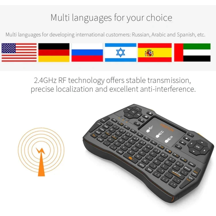 Clavier sans fil mini VIBOTON i8 Plus 2,4 GHz QWERT avec pavé tactile pour boîtier TV, Mi Box, ordinateur, tablette, ordinateur portable et projecteur (noir), clavier sans fil