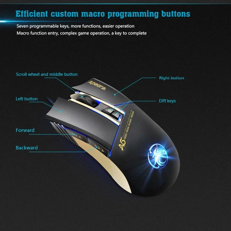 Apedra iMICE A5 Souris de jeu haute précision LED à lumière respiratoire contrôlée à quatre couleurs USB 7 boutons 3200 DPI Souris de jeu optique filaire pour ordinateur PC portable, iMICE A5