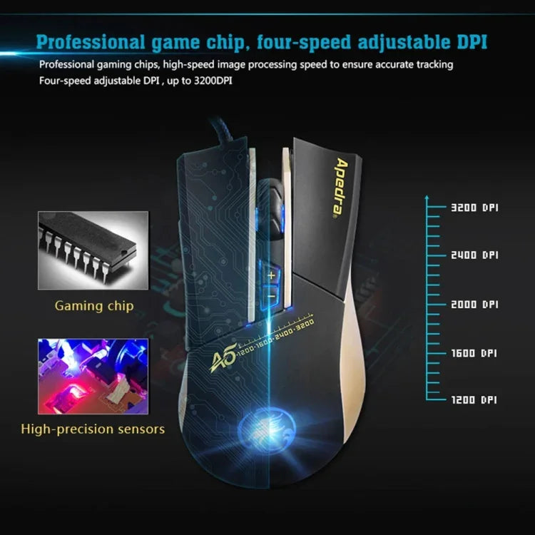 Apedra iMICE A5 Souris de jeu haute précision LED à lumière respiratoire contrôlée à quatre couleurs USB 7 boutons 3200 DPI Souris de jeu optique filaire pour ordinateur PC portable, iMICE A5