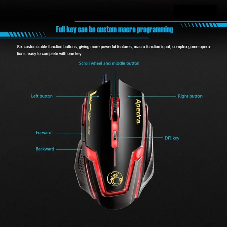 Apedra iMICE A9 Souris de jeu haute précision LED à quatre couleurs à respiration contrôlée USB 6 boutons 3200 DPI Souris de jeu optique filaire pour ordinateur PC portable, iMICE A9