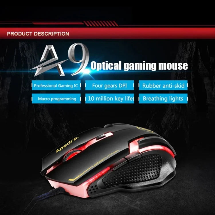 Apedra iMICE A9 Souris de jeu haute précision LED à quatre couleurs à respiration contrôlée USB 6 boutons 3200 DPI Souris de jeu optique filaire pour ordinateur PC portable, iMICE A9