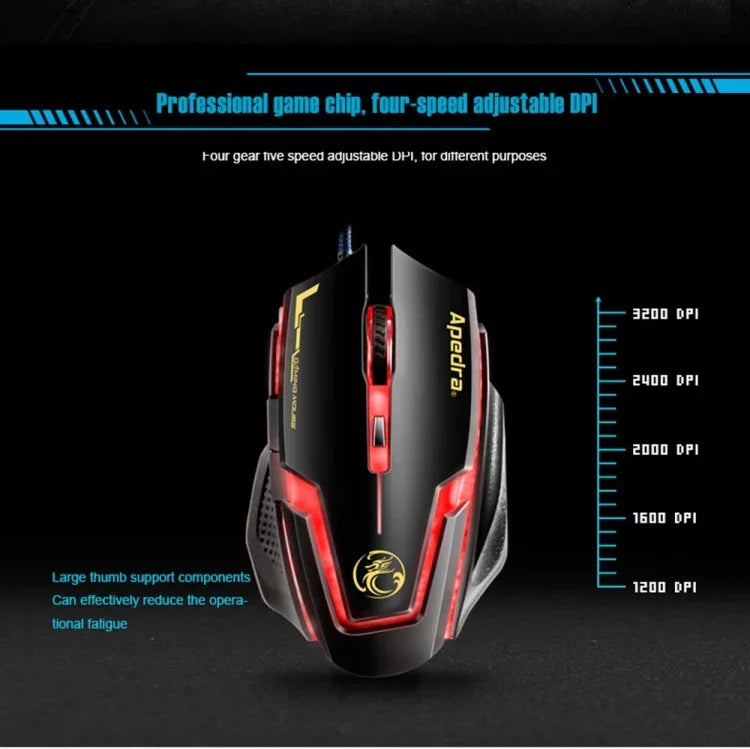 Apedra iMICE A9 Souris de jeu haute précision LED à quatre couleurs à respiration contrôlée USB 6 boutons 3200 DPI Souris de jeu optique filaire pour ordinateur PC portable, iMICE A9
