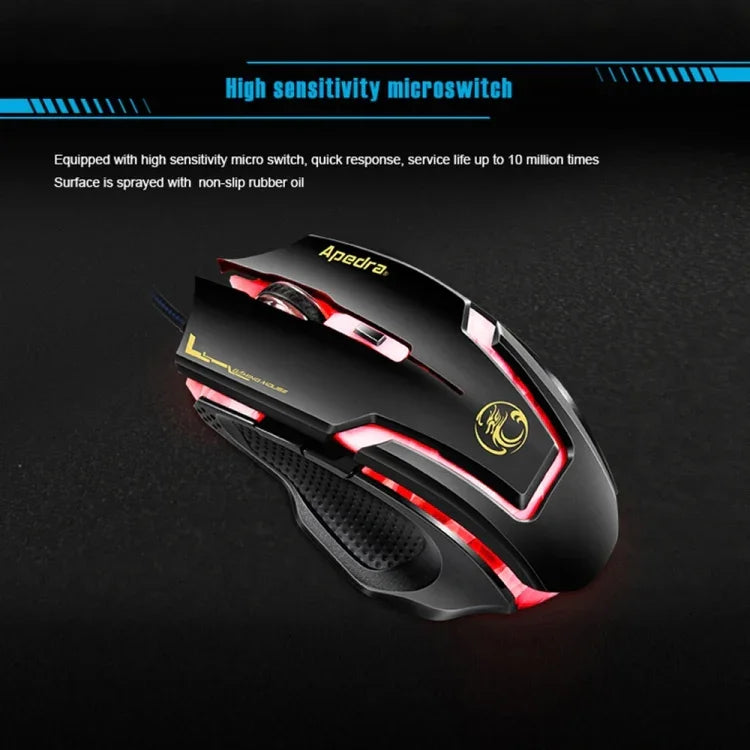 Apedra iMICE A9 Souris de jeu haute précision LED à quatre couleurs à respiration contrôlée USB 6 boutons 3200 DPI Souris de jeu optique filaire pour ordinateur PC portable, iMICE A9