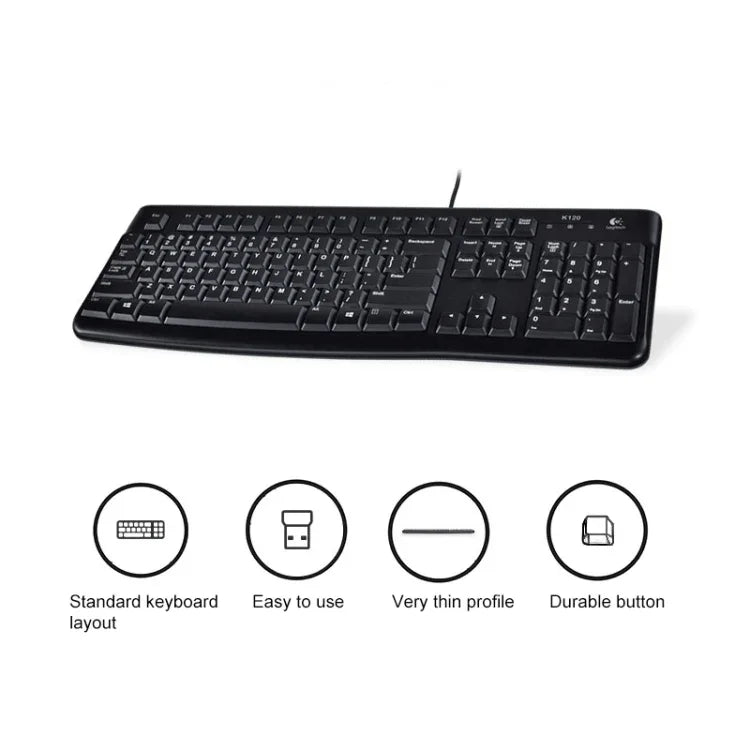 Clavier filaire USB étanche aux éclaboussures Logitech K120 pour ordinateurs de bureau / ordinateurs portables, Logitech K120