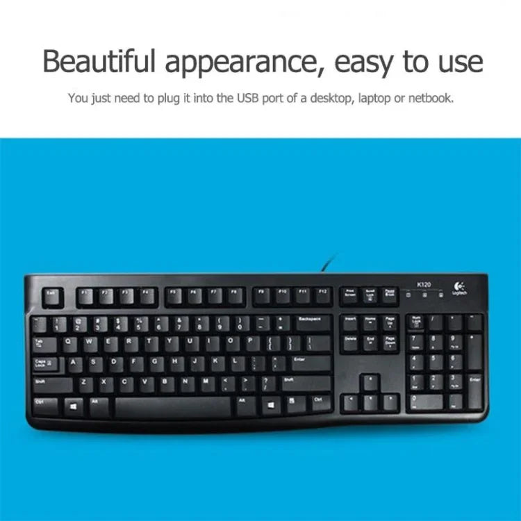 Clavier filaire USB étanche aux éclaboussures Logitech K120 pour ordinateurs de bureau / ordinateurs portables, Logitech K120