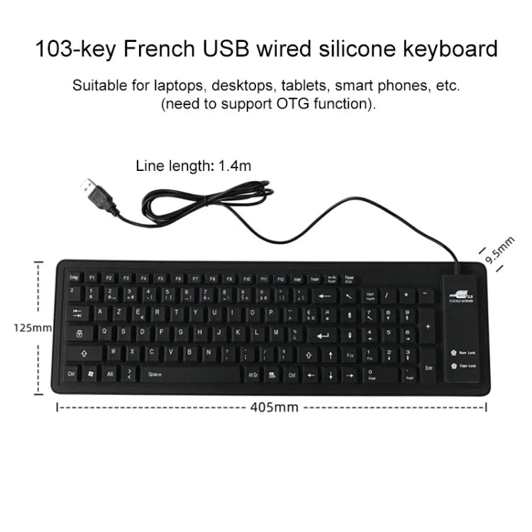 Clavier d'ordinateur portable de bureau étanche en silicone filaire USB 103 touches, langue française, longueur du câble : 1,5 m