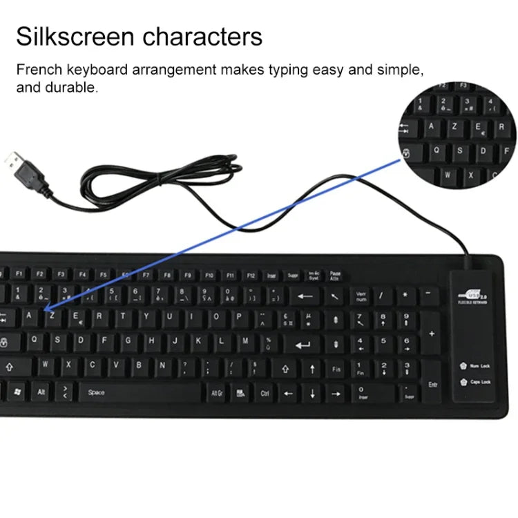 Clavier d'ordinateur portable de bureau étanche en silicone filaire USB 103 touches, langue française, longueur du câble : 1,5 m