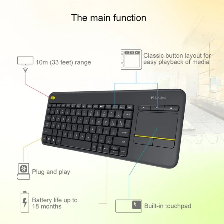 Clavier sans fil Logitech K400 Plus avec pavé tactile 2,4 GHz, portée sans fil : 10 m, Logitech K400 Plus