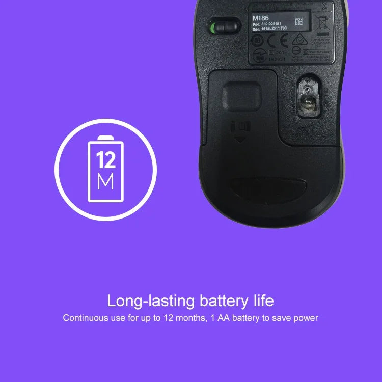 Souris sans fil Logitech M186, économie d'énergie, pour ordinateur portable et de bureau, universelle