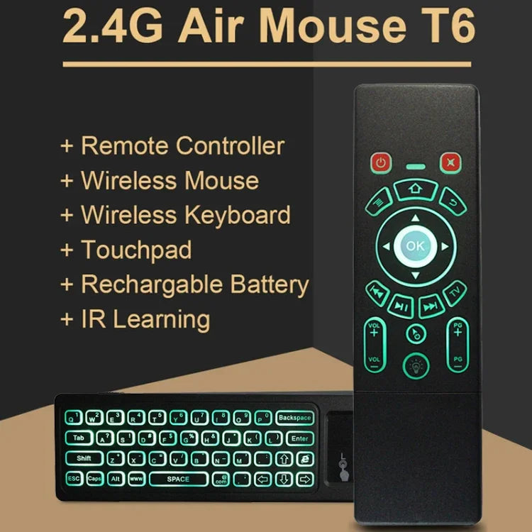 T6 Version lumineuse colorée Souris Air Clavier sans fil 2.4GHz Télécommande avec pavé tactile & apprentissage IR pour PC, Android TV Box / Smart TV, appareils multimédias, T6