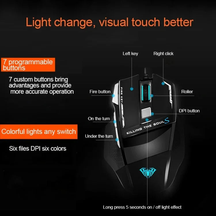 Souris de jeu filaire USB optique AULA Series SoulKiller II Lumière colorée 7D, résolution maximale de 3500 DPI, SoulKiller II(B)