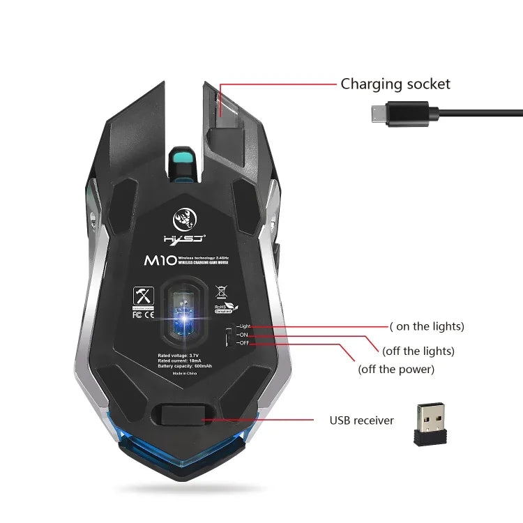 HXSJ M10 Souris de jeu optique sans fil ergonomique 2,4 GHz à 6 boutons, rechargeable USB, éclairage coloré, 2400 DPI pour ordinateurs de bureau, M10