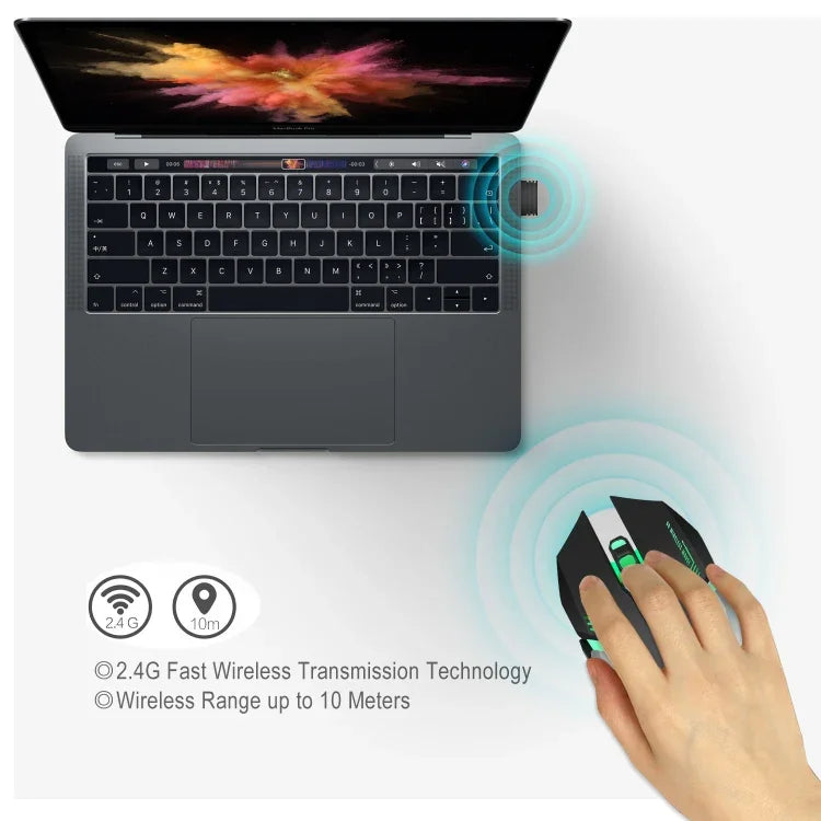HXSJ M10 Souris de jeu optique sans fil ergonomique 2,4 GHz à 6 boutons, rechargeable USB, éclairage coloré, 2400 DPI pour ordinateurs de bureau, M10