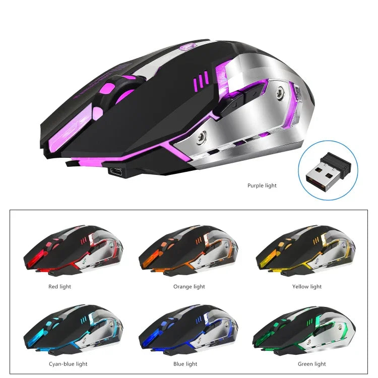 HXSJ M10 Souris de jeu optique sans fil ergonomique 2,4 GHz à 6 boutons, rechargeable USB, éclairage coloré, 2400 DPI pour ordinateurs de bureau, M10