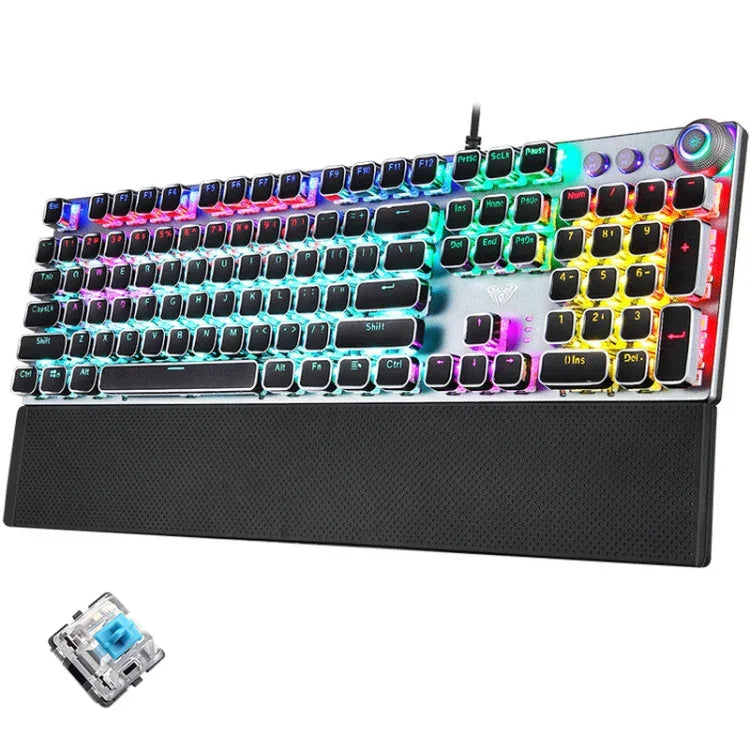 Clavier de jeu filaire USB AULA F2088 à 108 touches, lumière mixte, plaqué, mécanique, interrupteur bleu, avec bouton en métal, interrupteur bleu argenté
