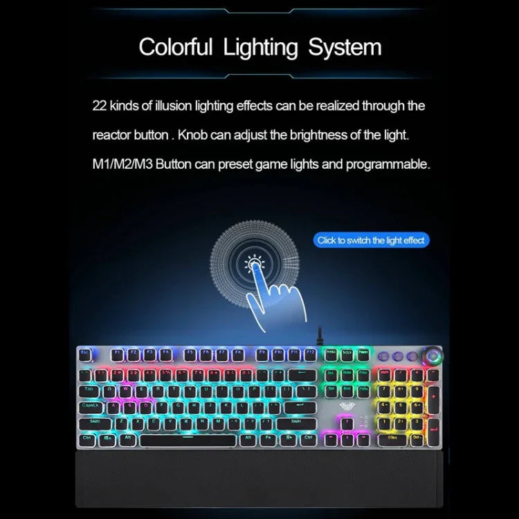 AULA F2088 Clavier de jeu filaire USB à 108 touches avec rétroéclairage mixte, interrupteurs mécaniques bleus et bouton en métal, interrupteurs bleus, noir