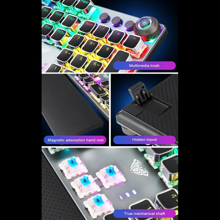 AULA F2088 Clavier de jeu filaire USB à 108 touches avec rétroéclairage mixte, interrupteurs mécaniques bleus et bouton en métal, interrupteurs bleus, noir