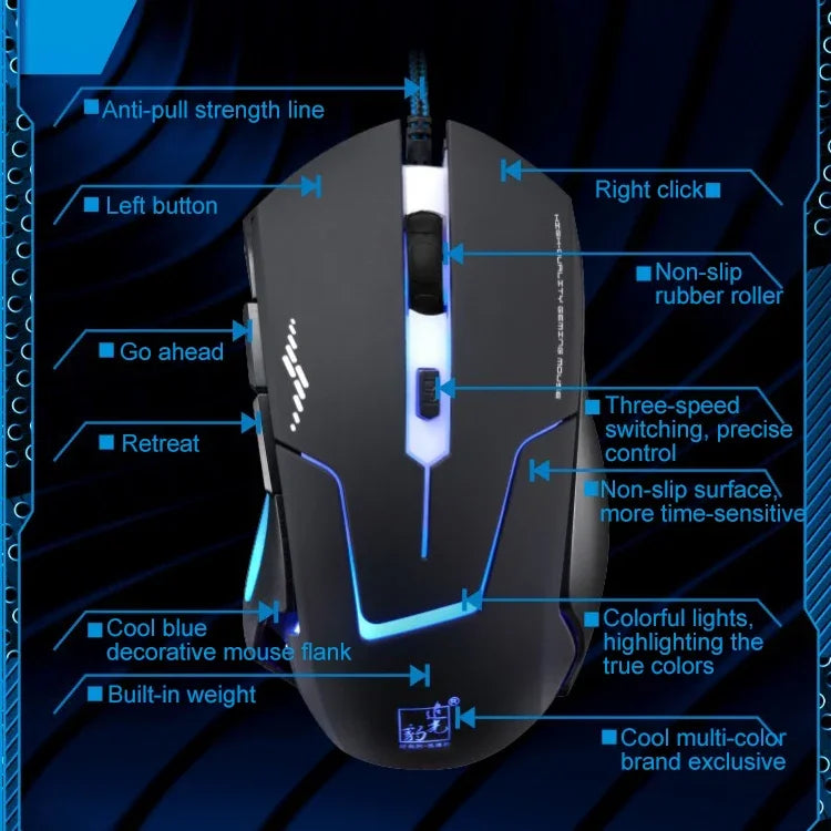 Souris de jeu optique filaire Chasing Leopard T7 USB 6 boutons 2400 DPI avec rétroéclairage réglable à trois vitesses et poids de contrepoids intégré, longueur : 1,8 m, T7
