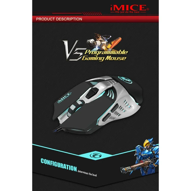 Souris de jeu filaire optique iMICE V5 USB 7 boutons 4000 DPI avec rétroéclairage coloré pour ordinateur PC portable, V5 (blanc)