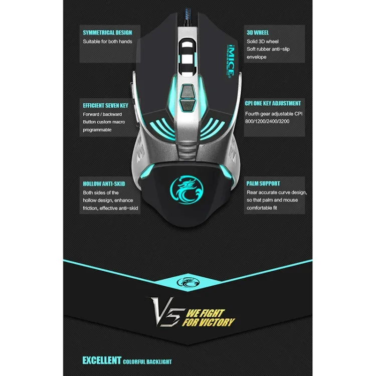 Souris de jeu filaire optique iMICE V5 USB 7 boutons 4000 DPI avec rétroéclairage coloré pour ordinateur PC portable, V5 (blanc)