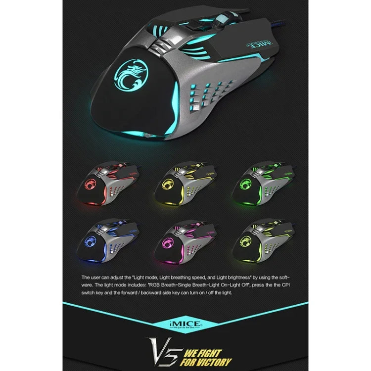 Souris de jeu filaire optique iMICE V5 USB 7 boutons 4000 DPI avec rétroéclairage coloré pour ordinateur PC portable, V5 (blanc)