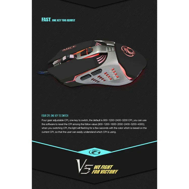Souris de jeu filaire optique iMICE V5 USB 7 boutons 4000 DPI avec rétroéclairage coloré pour ordinateur PC portable, V5 (blanc)