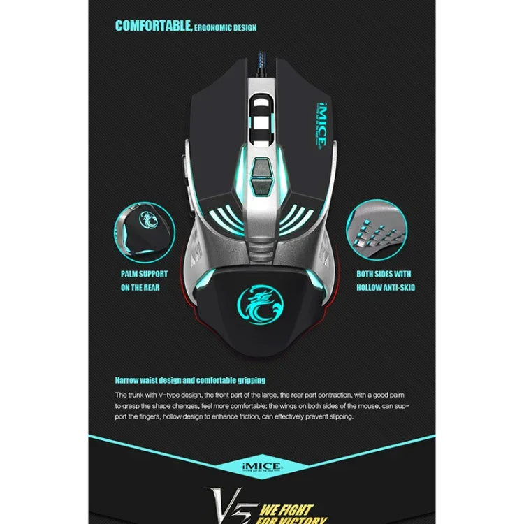 Souris de jeu filaire optique iMICE V5 USB 7 boutons 4000 DPI avec rétroéclairage coloré pour ordinateur PC portable, V5 (blanc)