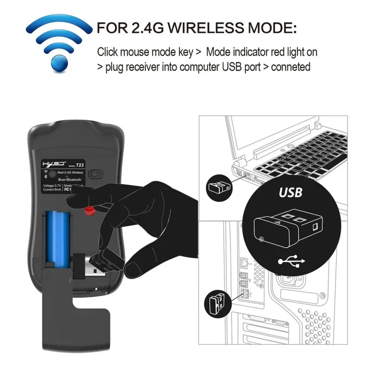 HXSJ T23 Bluetooth 5.0 + Bluetooth 3.0 + 2.4 GHz Sans Fil Trois Modes 4 Boutons 1600 DPI Réglable Ergonomique Souris Optique, T23 Noir