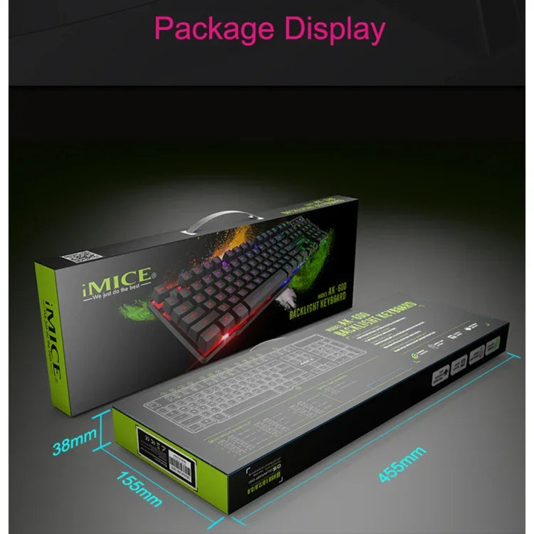 Clavier de jeu filaire USB à capuchons flottants et rétroéclairage lumineux iMICE AK-600, rétroéclairage lumineux (noir)