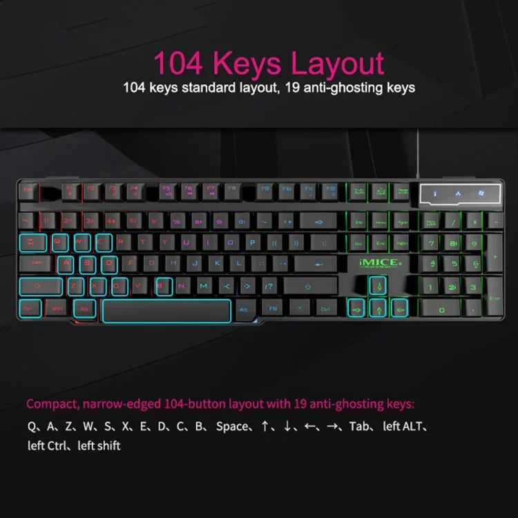 Clavier de jeu filaire USB à capuchons flottants et rétroéclairage lumineux iMICE AK-600, rétroéclairage lumineux (noir)