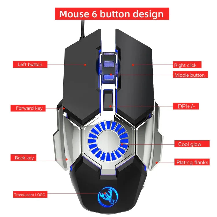 Souris filaire de jeu E-sports programmable HXSJ J700 à éclairage coloré, J700