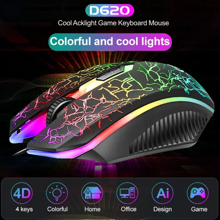 SHIPADOO D620 Kit clavier souris gaming filaire 104 touches RGB couleur rétroéclairage craquelé pour ordinateur portable, PC