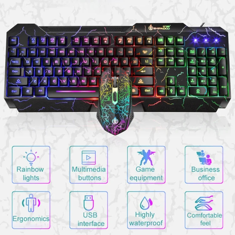 SHIPADOO D620 Kit clavier souris gaming filaire 104 touches RGB couleur rétroéclairage craquelé pour ordinateur portable, PC