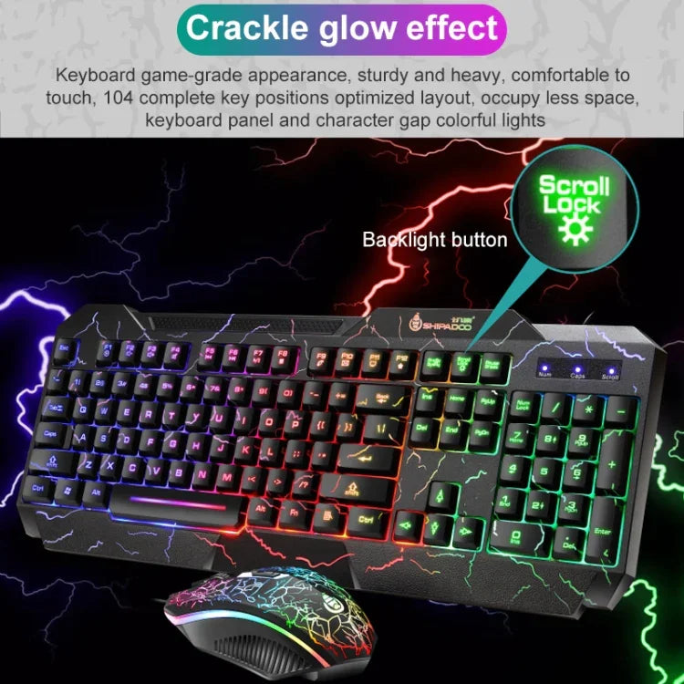 SHIPADOO D620 Kit clavier souris gaming filaire 104 touches RGB couleur rétroéclairage craquelé pour ordinateur portable, PC