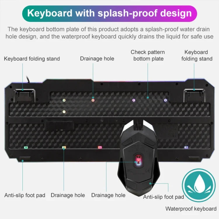 SHIPADOO D620 Kit clavier souris gaming filaire 104 touches RGB couleur rétroéclairage craquelé pour ordinateur portable, PC