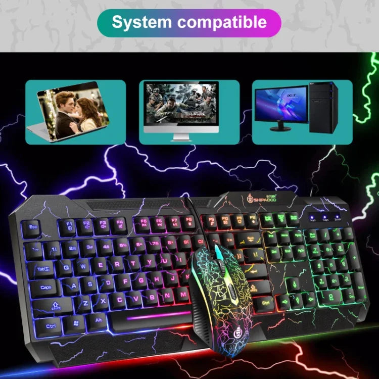 SHIPADOO D620 Kit clavier souris gaming filaire 104 touches RGB couleur rétroéclairage craquelé pour ordinateur portable, PC