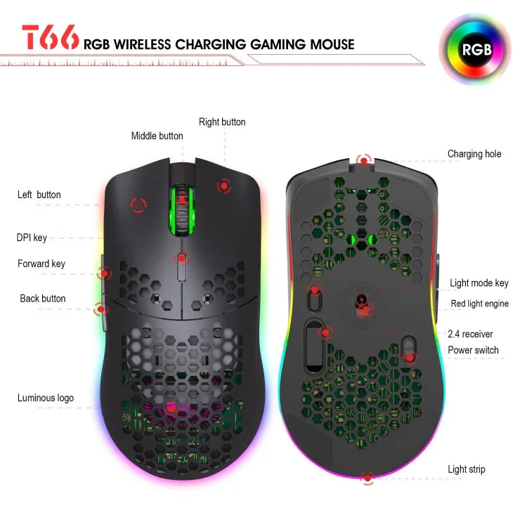 HXSJ T66 Souris Gamer sans fil programmable 7 touches avec rétroéclairage coloré, T66 (blanc)