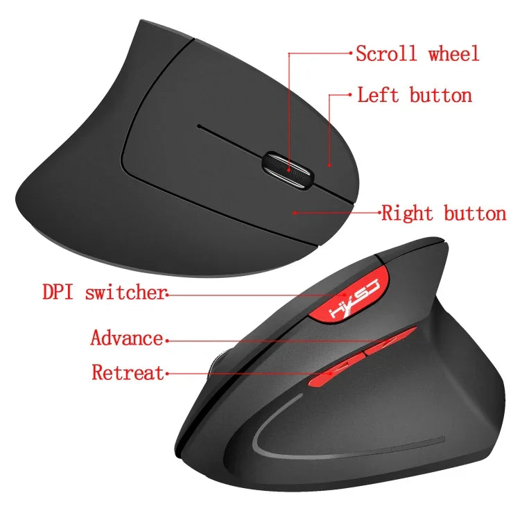HXSJ T24 Souris verticale ergonomique sans fil 2,4 G 2 400 DPI à 6 boutons avec récepteur USB, 6 boutons T24 noir, 6 boutons T24 gris