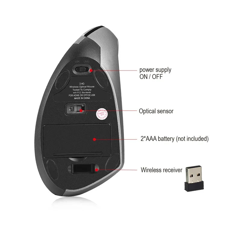 HXSJ T24 Souris verticale ergonomique sans fil 2,4 G 2 400 DPI à 6 boutons avec récepteur USB, 6 boutons T24 noir, 6 boutons T24 gris