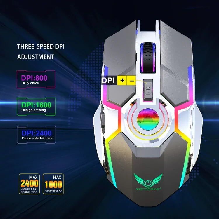 ZERODATE T30 Souris Optique sans Fil RVB Rétroéclairée, 2.4GHz 2400DPI, Trois Vitesses Réglables, T30 Blanc