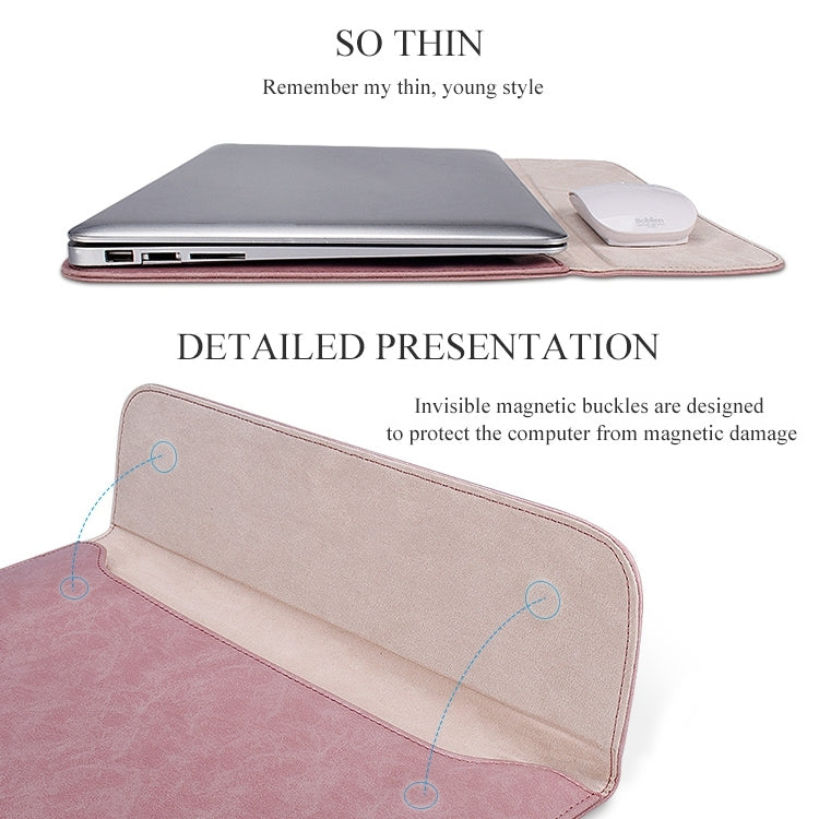 Sac intérieur pour ordinateur portable en cuir PU avec boucle magnétique horizontale invisible PU01S pour ordinateurs portables de 14,1 pouces, avec petite pochette, 14,1 pouces avec petite pochette