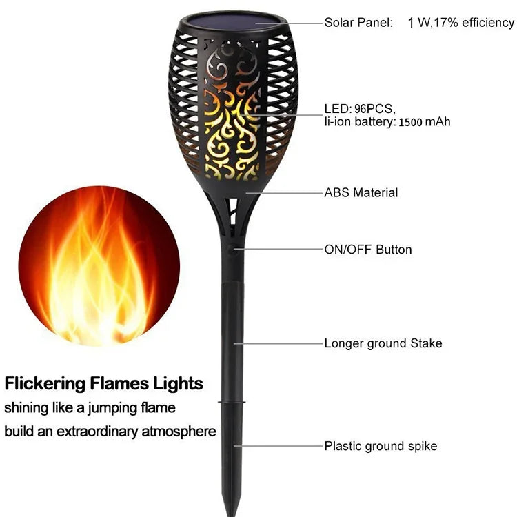 96 LED Lampe solaire à flamme, éclairage extérieur pour jardin et pelouse, torche de paysage