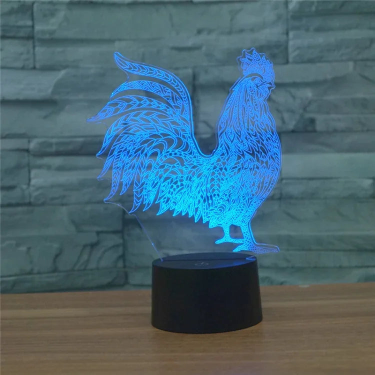 Lampe de table LED 3D colorée en forme de coq, version télécommandée 16 couleurs, version télécommandée 16 couleurs