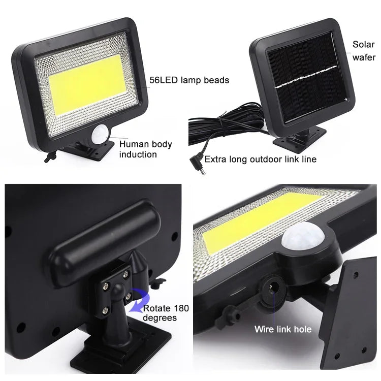 Lampe murale solaire COB avec détection corporelle séparée, lumière de jardin étanche pour extérieur, éclairage de rue, 100 COB